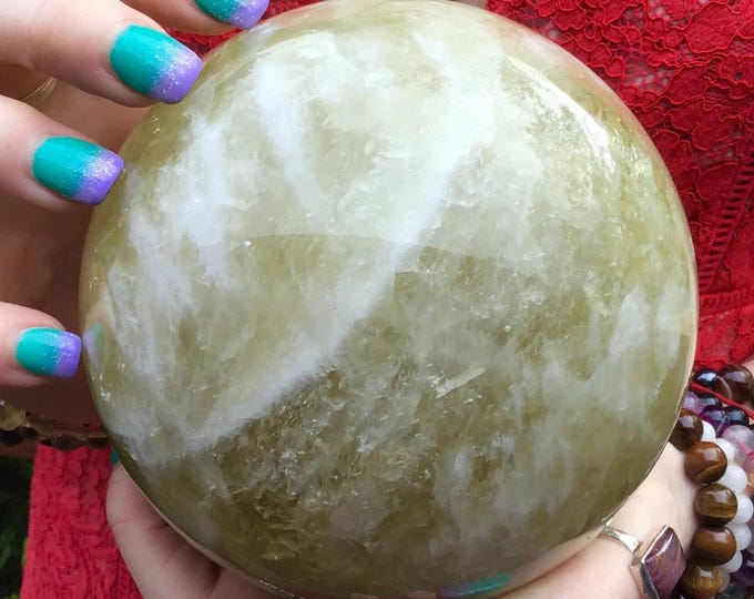 CLEARANCE! ~ Citrine Crystal Ball ~ Large 4 Lb. 10 oz. ~ 4" Wide ~ Natural Golden Yellow Color ~ White Quartz Bands, Sparkling Inclusions