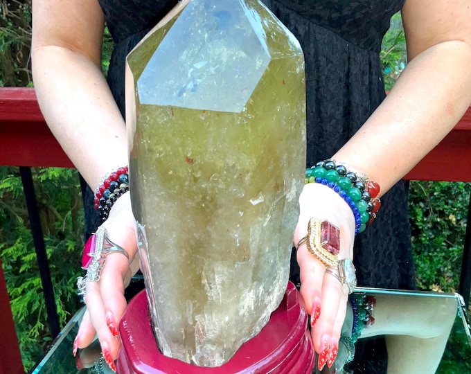Clear Citrine Quartz Crystal Point ~ 7 Lb.  14 oz. ~ 9" Tall~ Sparkling Yellow with Golden Rainbow Inclusions ~ Custom Hand Carved Stand