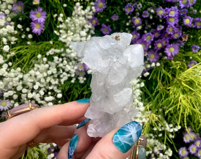 Ultra Clear Apophyllite Crystal Cluster ~ 3.2 oz ~ 3" Long ~ Handheld Meditation Size ~ Sparkling Altar, Reiki Display ~ Fast, Free Shipping