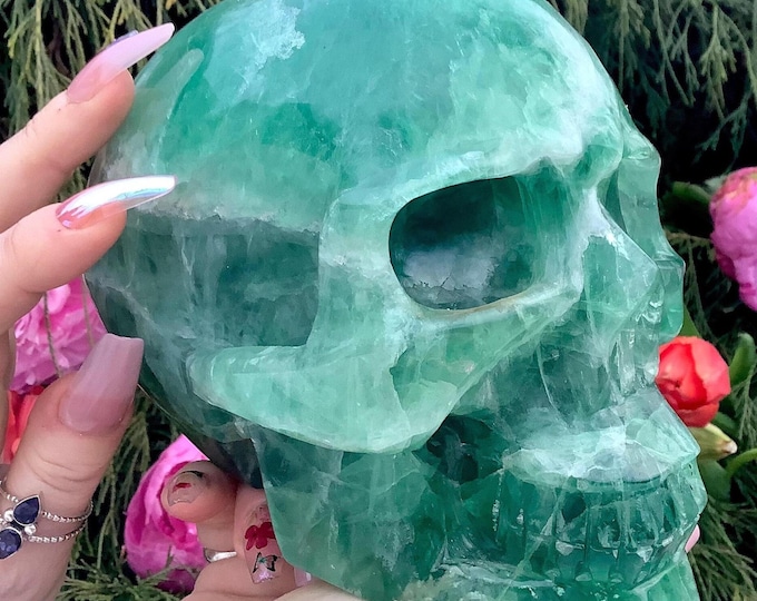 Green Fluorite Crystal Skull ~ Large 7 Lb. 11 oz. ~ 6" Long ~ Hand Carved ~ Sparkling Translucent Crystal Sculpture ~ Free Shipping from USA