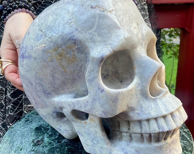 HUGE Lavendar Lace Agate Crystal Skull ~ 20 Lb 12 oz ~ 9" Long ~ Expertly Hand Carved ~ Purple & White Sparkling Colors ~ Metaphysical Decor