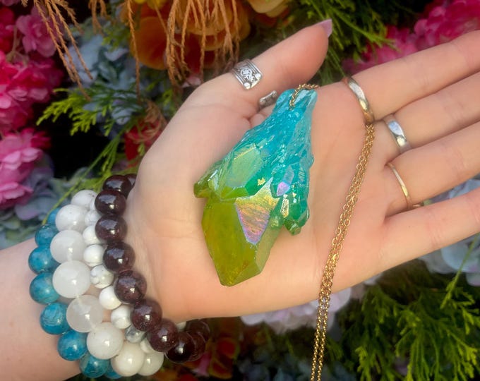 Aura Quartz Pendant Necklace ~ Large 3" Long ~ One-of-a-Kind Natural Crystal ~ Sparkling Aqua Blue & Yellow Elestial Quartz ~ Fast Shipping