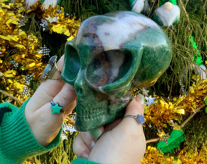 Green Aventurine Crystal Alien Skull ~ Large 3 Lb. 6 oz. ~ 5" Long ~ Green & White ~ One-of-a-Kind ~ Expertly Hand Carved Sculpture