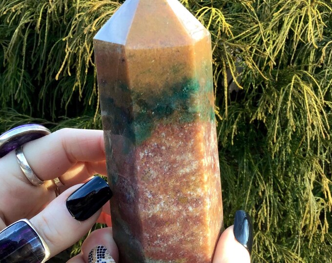 CLEARANCE! ~ Bloodstone Crystal Generator ~ Large 14.4 oz. ~ 4 1/2" Tall Tower ~ Beautiful Swirling Red, Green and White Colors Jasper