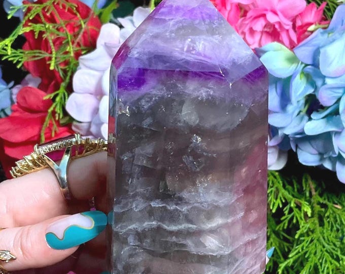 Purple Fluorite Crystal Generator ~ Large 1 lb. 14 oz. ~ 5" Tall Tower ~ Beautifully Polished Rainbow Colors