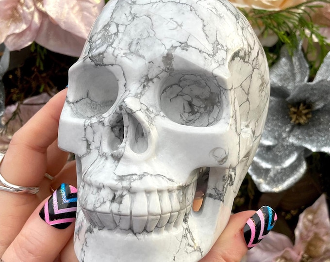 Howlite  Crystal Large 3 Lb. 2 oz. Skull ~ 5" Long ~ Hand Carved Life Size ~ White with Smoky Black Veins ~ Beautifully Polished ~