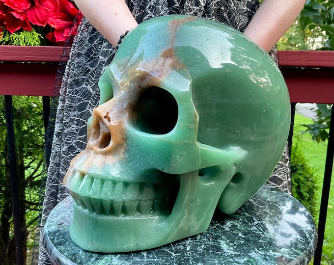 Green Aventurine Crystal Skull ~ Large 23 Lb. 5 oz. ~ 10" Long Hand Carved ~ Sparkling Green & Gold Quartz Colors ~ Free Standing Sculpture