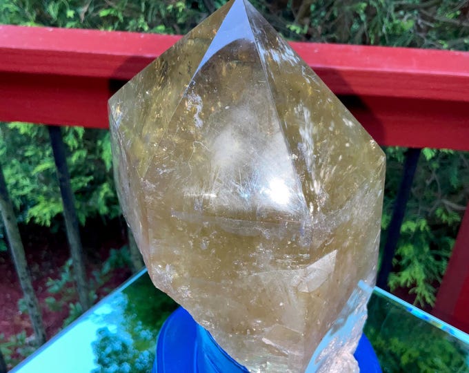 Clear Citrine Quartz Crystal Point ~ 7 Lb.  7 oz. ~ 9" Tall~ Sparkling Yellow with Golden Rainbow Inclusions ~ Custom Hand Carved Stand