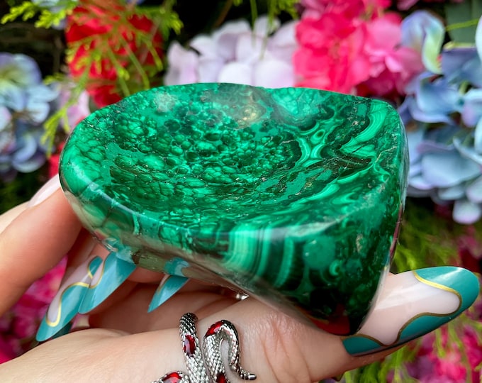 Malachite Crystal Bowl ~ 7 oz. ~ 2 1/2" Long ~ Vintage Green Mineral Specimen ~ Swirling Bulls Eye Patterns ~ Fast & Free Shipping, U.S.A. ~