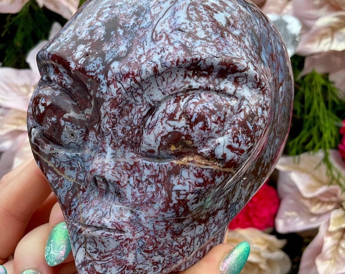 Red Lace Agate Alien Crystal Skull ~ Large 2 Lb. 10 oz. ~ 4" Long ~ Colorful ~ One-of-a-Kind Expertly Hand Carved Sculpture ~ Fast Shipping