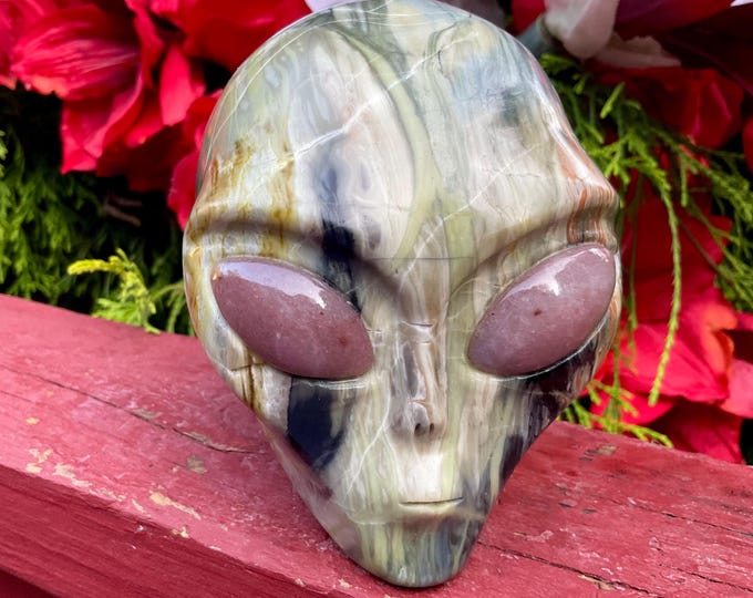 Butter Jade Crystal Alien Skull ~ 2 Lb. 13 oz. ~ 4" Long ~ Sparkling Purple Aventurine Eyes ~ One-of-a-Kind Expertly Hand Carved Sculpture