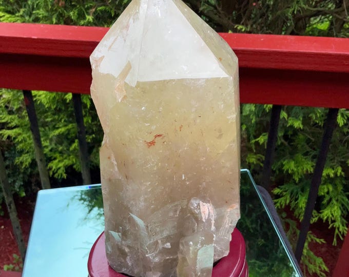 Clear Citrine Quartz Crystal Point ~ 7 Lb.  14 oz. ~ 9" Tall~ Sparkling Yellow with Golden Rainbow Inclusions ~ Custom Hand Carved Stand