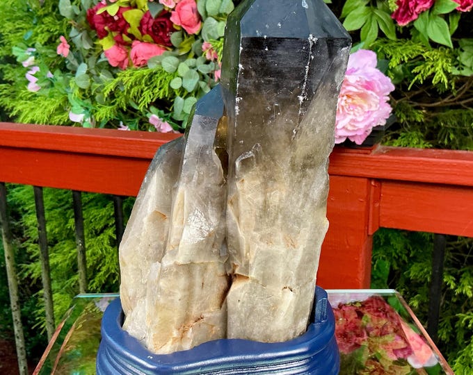 Black Morion Quartz Display Crystal 8 Lb. 2 oz.  Single-Terminated Point Cluster ~ 9" Tall ~Natural Black Color ~ Custom Hand Carved Stand