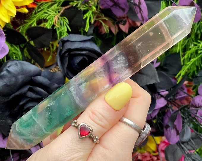 Rainbow Fluorite Double Terminated Wand ~ Large 3.9 oz. ~ 6" Long ~ Clear, Green, Purple ~ Fast & Free Shipping, USA + Global Shipping