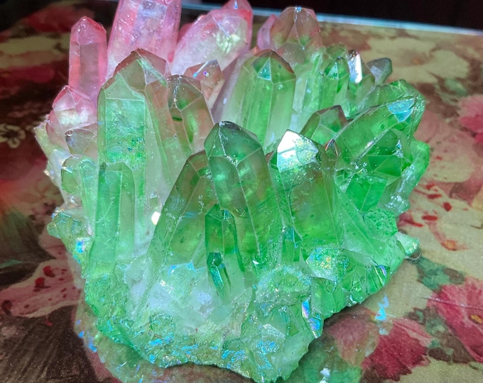 Pink & Green Aura Quartz Crystal Cluster ~ Large 1 Lb. 4 oz. ~ 4" Long ~ Electric Rainbow Iridescent Sparkling Points