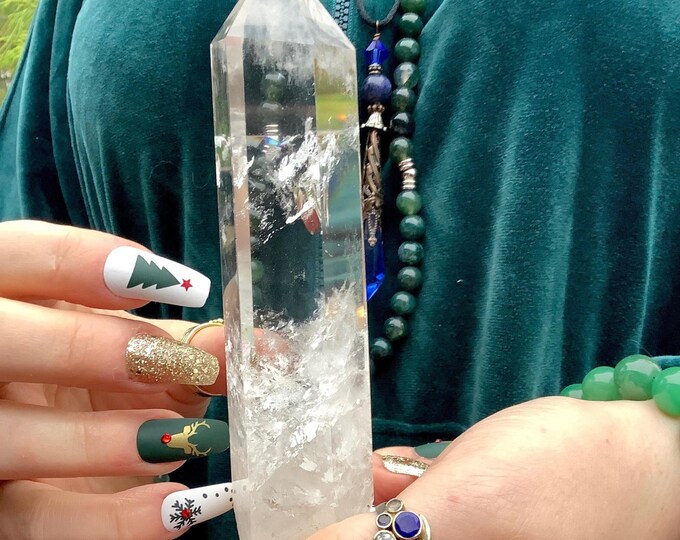 High Altitude Himalayan Clear Quartz Crystal Wand ~ Large 5.6 oz. ~ 5" Long ~ Ultra Clear Point, Sparkling Rainbow Inclusions