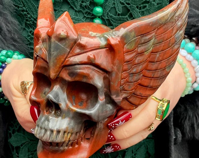 Red Jasper Winged Apollo Crystal Skull ~ Large 3 Lb. 10 oz. ~ 5" Long ~ Fiery Red and Green ~ One-of-a-Kind ~ Expertly Hand Carved Sculpture