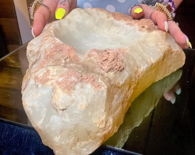 White Calcite Crystal Bowl ~ Large 11 Lb. 9 oz. ~ 10" Long ~ White & Golden Colors Specimen ~ Natural Matrix
