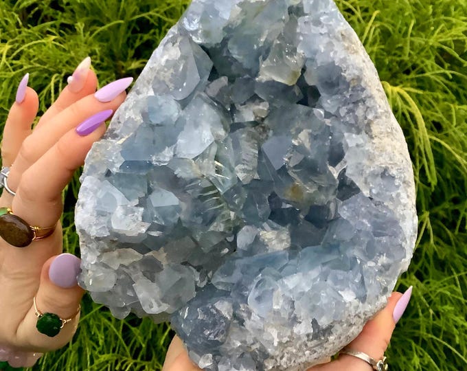 Blue Celestite Crystal Cluster ~ Large 8 Lb. 8 oz. ~ 8" Long ~ Throat Chakra Reiki Healing Altar Display ~ Metaphysical Home Decor ~ Sparkly