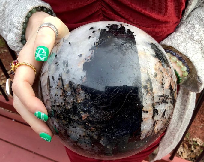 Black Tourmaline Quartz Crystal Ball ~ Large 11 lb. 10 oz. ~ 6" Wide ~ Grounding, Protection Altar Display ~ Reiki, Metaphysical Home Decor