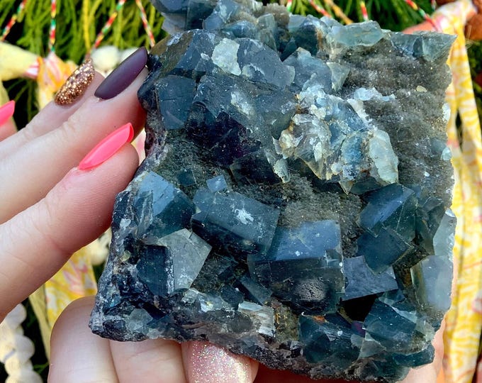 Blue Fluorite Crystal Cluster ~ Large 9 oz. ~ 3 1/2" Long ~ Deep Ocean Blue Color ~ Sparkling Cubic Formations ~ Fast & Free Shipping