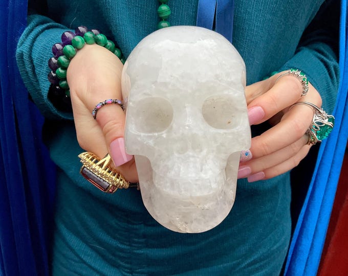 Snow Quartz Crystal Skull ~ Large 2 Lb. 15 oz.~ 5" Long ~ High Quality Hand Carved ~ Sparkling Rainbow Inclusions ~ Fast & Free Shipping USA