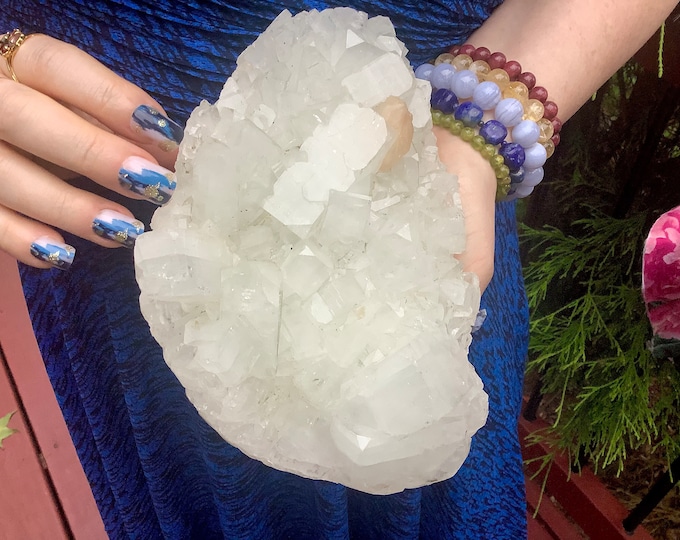 Apophyllite Crystal Cluster ~ Large 4 Lb. 10 oz. ~ 7" Long ~ Stunning Sparkling White/Clear Zeolite Specimen with Peach Stilbite Inclusions