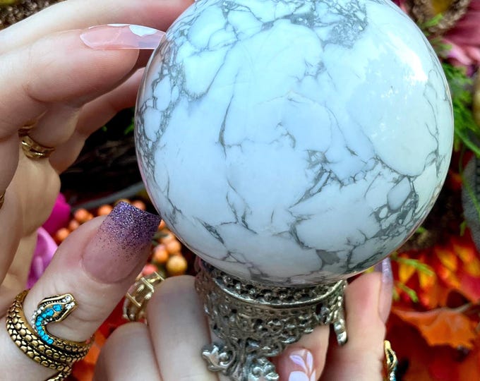 White Howlite Crystal Ball ~ w/ Ornate Decorative Display Stand ~ Large 1 Lb. 6 oz. ~ 3" Wide ~ Fast & Free Shipping, USA + Global Shipping