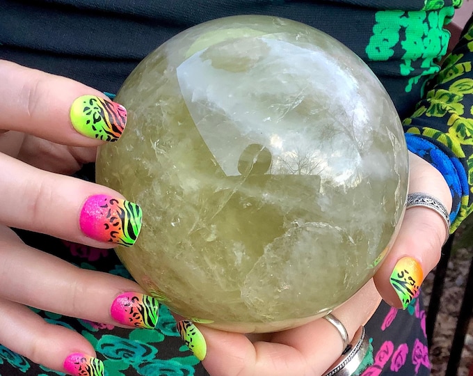 Citrine Crystal Ball ~ Large 2 Lb. 12 oz. ~ 3 1/2" Wide ~ Sparkling Rainbow & Silver Flash Inclusions ~ Solar Plexus Chakra Reiki Display ~