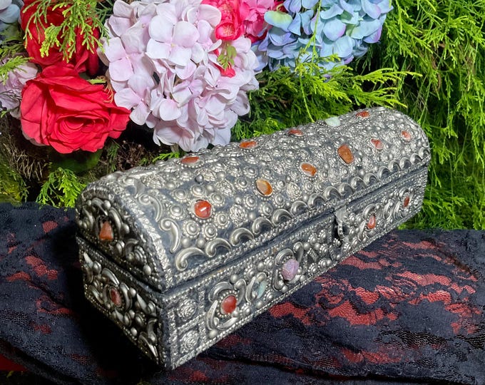 Vintage Agate Inlaid Moroccan Jewelry Box ~ Moorish Dome Top w/ Semi Precious Stones ~ 12" Long ~ Handmade in Morocco ~ Fast & Free Shipping