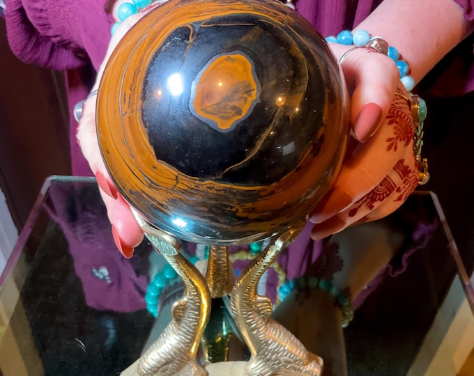 Tigers Eye Crystal 3 Lb. Ball ~ 4" Wide Sphere ~ Sparkling Polished Swirling Golden-Red-Brown Black Colors ~ W/ Brass Display Stand