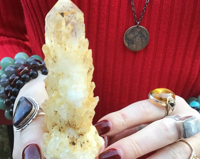 Tibetan Golden Healer Quartz Elestial Crystal Cluster ~ Large 6 oz.~ 4" Long ~ Natural Home Decor ~ Sparkling Gold Cascading Crystal Points