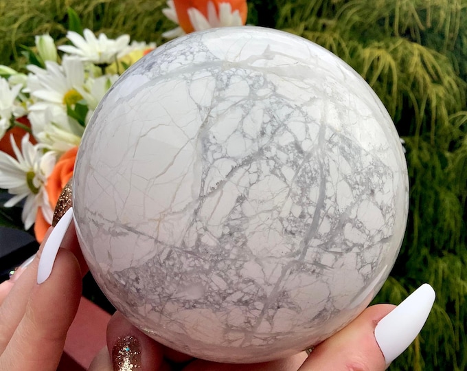 White Howlite Crystal Ball ~ Large 3 Lb. ~ 4" Wide ~ Metaphysical Home Decor ~ Soothing Reiki Altar Display Sphere ~ Fast & Free Shipping