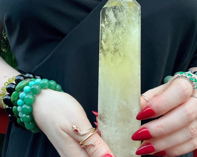 Citrine Quartz Crystal Wand ~ Large 10.6 oz. ~ 7" Long ~ High Altitude Himalayan Point ~ Clear Yellow Phantoms Sparkling Rainbow Inclusions