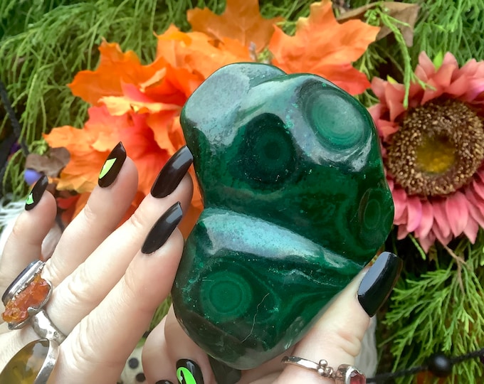 Malachite Freeform Crystal ~ Large 14 oz. ~ 3" Long - Beautiful Polished Stone ~ Green African Mineral Specimen ~ Swirling Bullseye Patterns