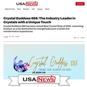 May include: A digital news article header featuring the text Crystal Goddess 888: The Industry Leader in Crystals with a Unique Touch. Below, a banner displays the logo Crystal Goddess 888, the phrase FROM THE EARTH TO YOU, and AS SEEN ON USA NEWS.