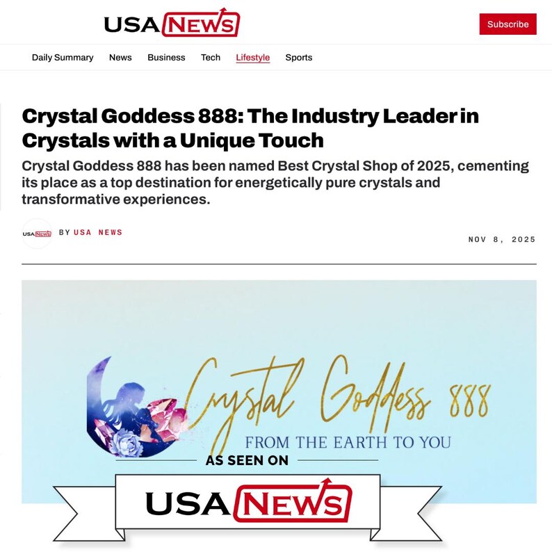 May include: A digital news article header featuring the text Crystal Goddess 888: The Industry Leader in Crystals with a Unique Touch. Below, a banner displays the logo Crystal Goddess 888, the phrase FROM THE EARTH TO YOU, and AS SEEN ON USA NEWS.