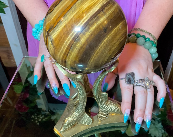Tigers Eye Crystal 3 Lb. 4 oz. Ball ~ 4" Wide Sphere ~ Swirling Sparkling Golden-Red-Brown Black Colors ~ W/ Brass Dolphin Display Stand