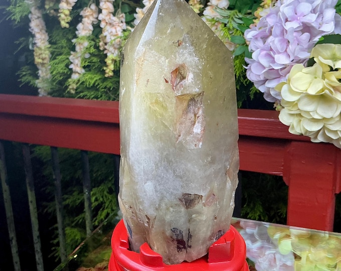 Clear Citrine Quartz Crystal Point ~ 6 Lb. 11 oz. ~ 9" Tall~ Sparkling Yellow with Golden Rainbow Inclusions ~ Custom Hand Carved Stand