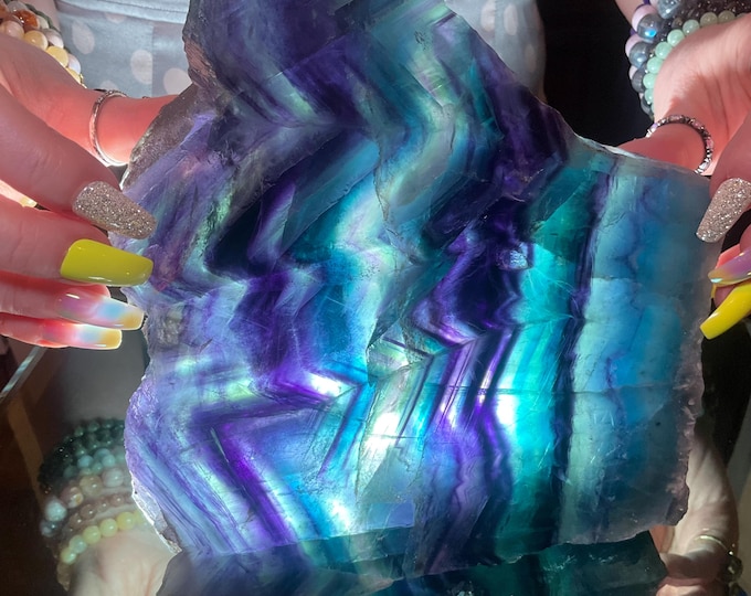 Fluorite Free Form Crystal Charging Plate ~ 3 Lb. 9 oz. ~ 8" Long ~Translucent Cubic Formation ~ Rainbow Colors