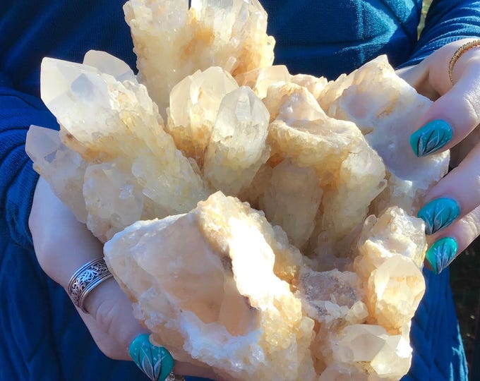 Elestial Golden Healer Large Clear Quartz Crystal 3 Lb. 14 oz. Cluster ~ 5" Tall ~ Multi Pointed Cluster ~ Rare Crystal ~ Meditation Stone