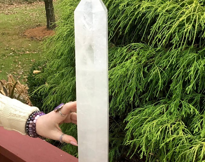 Clear Quartz Crystal Generator ~ Large 6 Lb. 8 oz. ~ 17" Tall Tower ~ White Clouds ~ Big Sparkling Silver Rainbow Inclusions