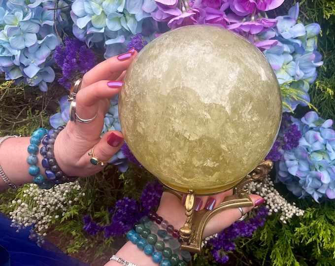 Citrine Crystal Ball with Brass Stand ~ Large 12 Lb ~ 6" Wide ~ Polished Golden Quartz Sphere ~ Sparkling Inclusions ~ Altar, Reiki Display