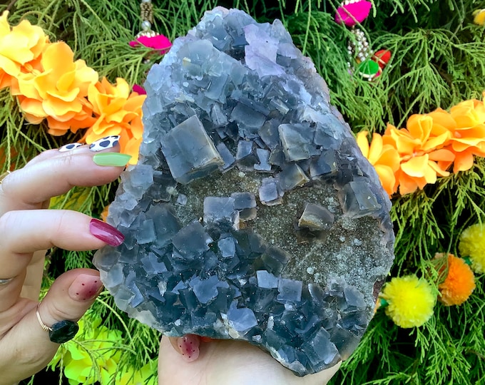 Blue Cubic Fluorite Crystal Cluster ~ Large 2 lb. ~ 6 1/2" Long ~ Third Eye Chakra Decor, Altar, Reiki, Meditation ~ Fast & Free Shipping ~