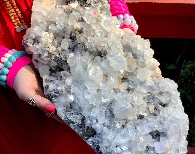 Apophyllite Crystal Cluster ~ Large 26 Lb. ~ 16" Long ~ Stilbite & Tourmaline Crystals on Matrix ~ Sparkling Clear Cubic Zeolite Specimen