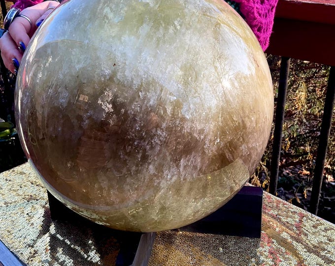 MASSIVE 73 Lb. Smokey Citrine Crystal Ball w/ Handmade Wooden Display Stand ~ 14" Wide ~ Metaphysical Home Decor, Left Corner Room Feng Shui
