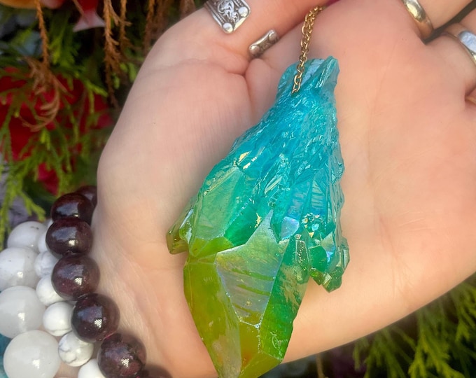 CLEARANCE ~ Aura Quartz Pendant Necklace ~ Large 3" Long ~ One-of-a-Kind Natural Crystal ~ Sparkling Aqua Blue & Yellow Elestial Quartz