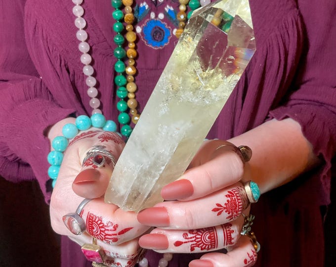 High Altitude Himalayan Citrine Quartz Crystal Wand ~ Large 9 1/2 oz. ~ 5 1/2" Long ~ Clear Natural Colors, Sparkling Rainbow Inclusions