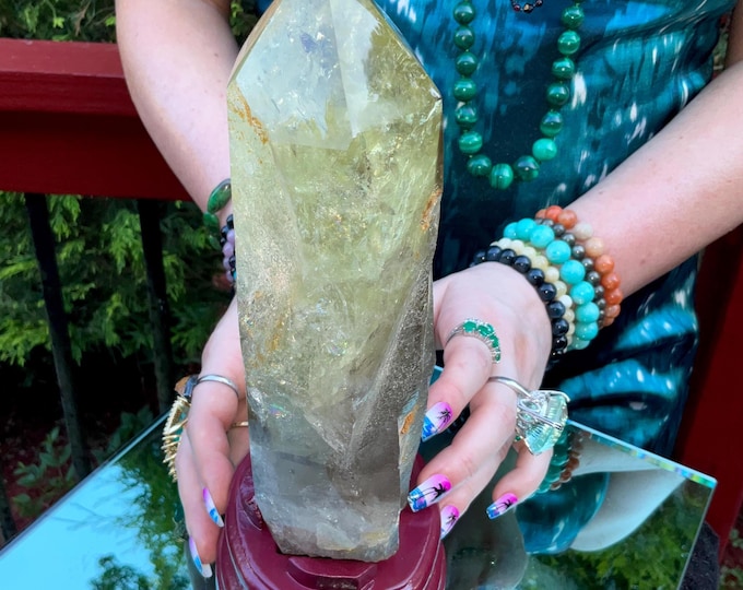 Clear Citrine Quartz Crystal Point ~ 4 Lb.  8 oz. ~ 9" Tall~ Sparkling Yellow with Golden Rainbow Inclusions ~ Custom Hand Carved Stand