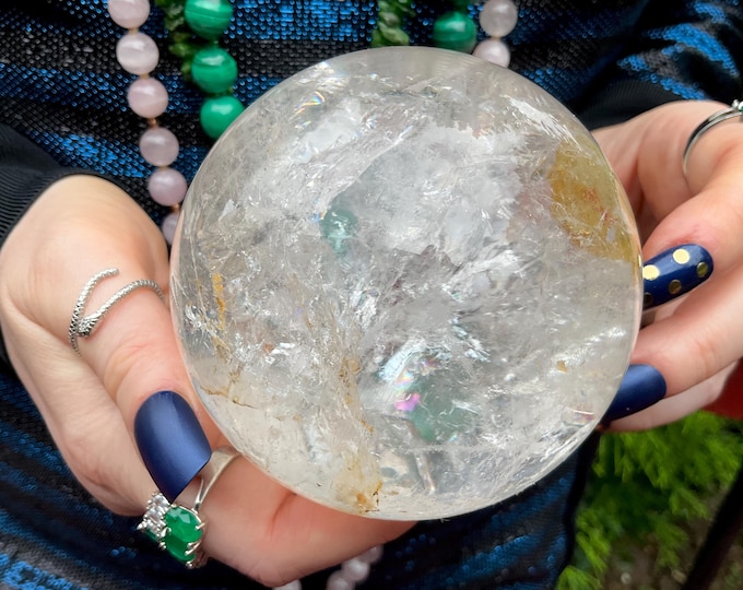 Clear Quartz Crystal Ball ~ Large 1 Lb. 13 oz. Sphere ~ 3" Wide ~ Metaphysical Home Decor ~ Rainbow Inclusions ~ Fast & Free Shipping